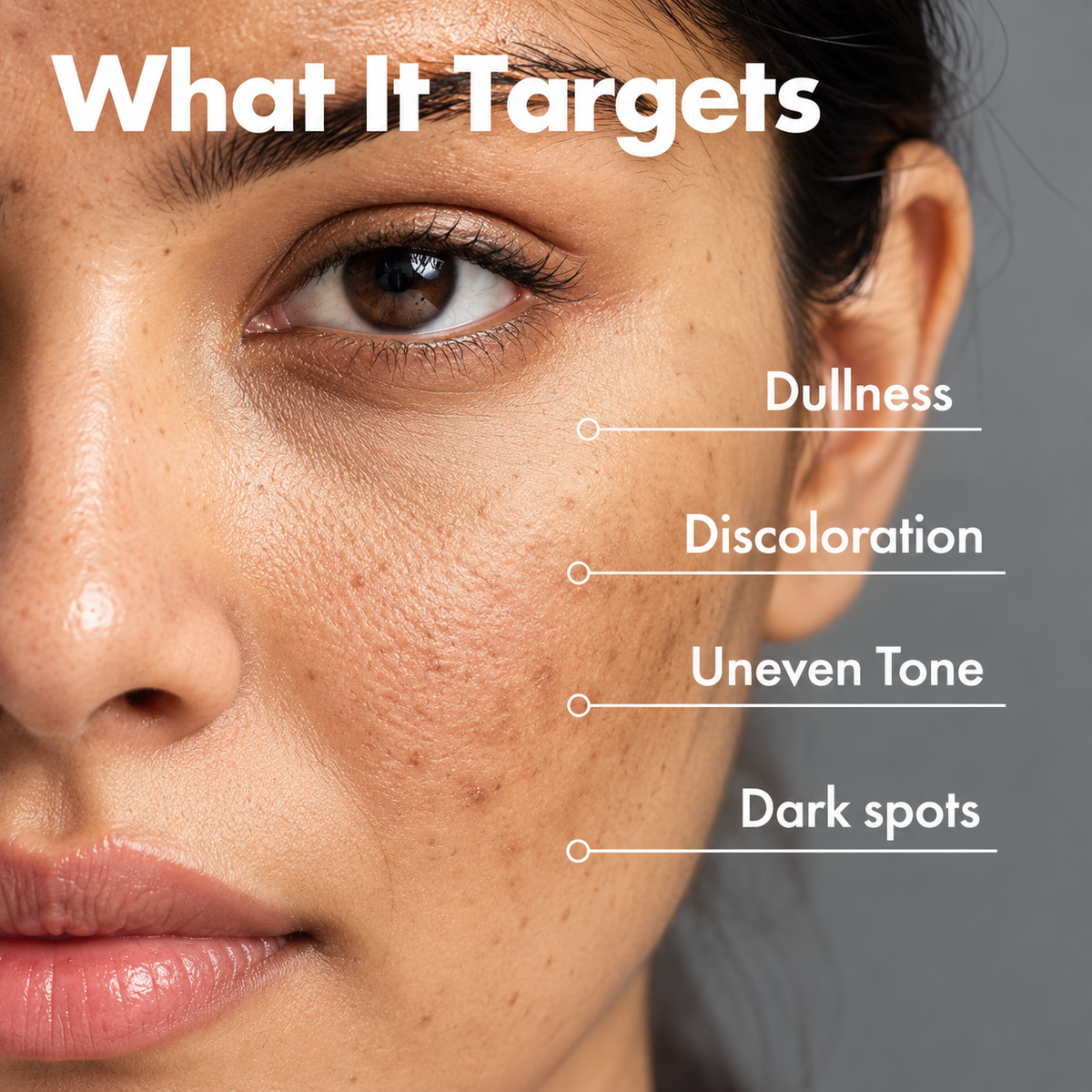 Clear Glow dark spot removal cream infographic showing facial dark spots, pimple marks, uneven skin tone, and dull-looking skin.