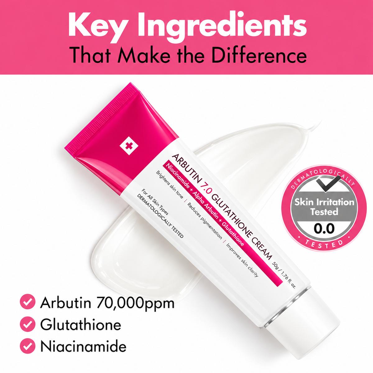 Clear Glow dark spot removal cream ingredient infographic highlighting 7% arbutin and 4% tranexamic acid.