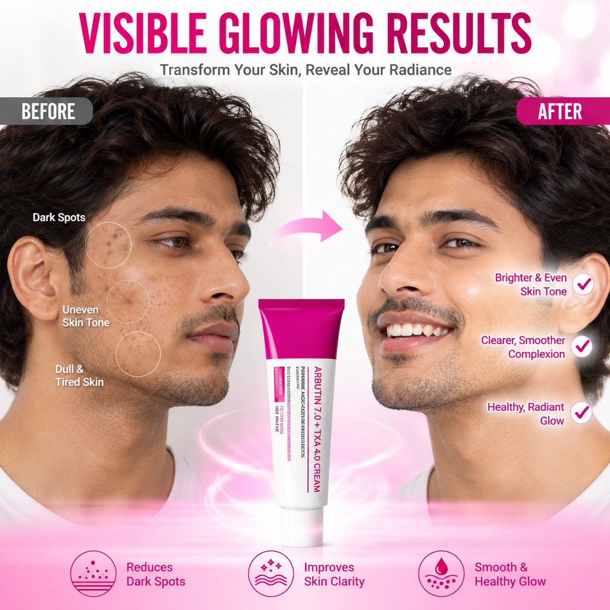 Before-and-after comparison of an Indian man's facial skin showing the appearance of dark spots and pimple marks.
