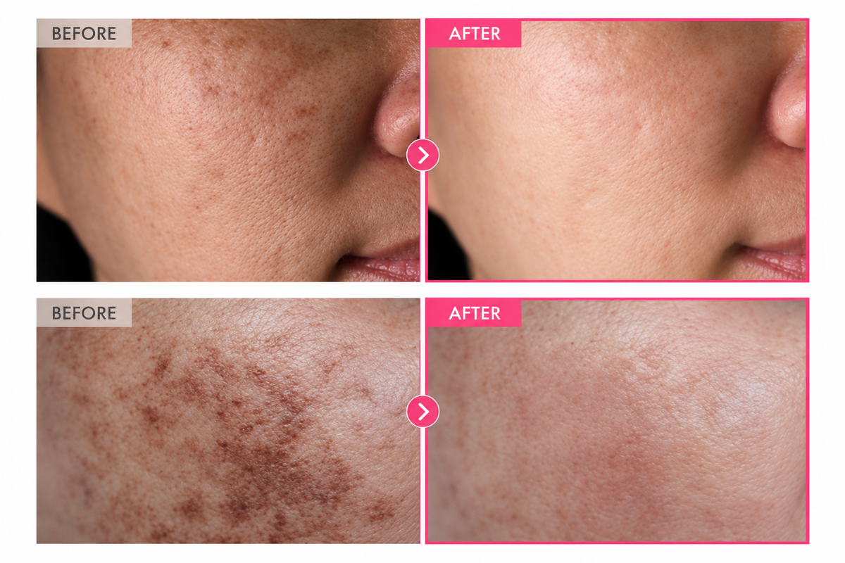 Before-and-after comparison of an Indian woman's facial skin showing the appearance of dark spots, pimple marks, and uneven skin tone.